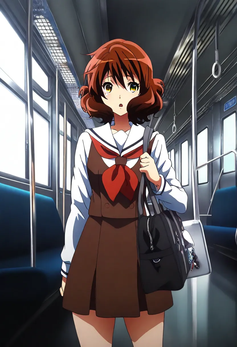 Kimou , auburn hair, amber eye, 1 girl, Alone, open_mouth, short_hair, brown_hair, length_ sleeve, schools_uniform,  closed _eye, sailor服, sailor_ color, bag, Neckerchief, red_Neckerchief, schools_bag, train_ Interior ,  other_expensive_schools_uniform, br...