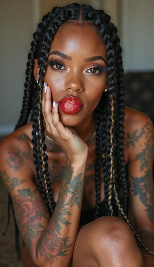 Petite mixed black and Latina girl with giant round  on her knees licking her lips, sexy face and body, her giant  are popping out of her shirt, makeup, tattoos, long braided hair with highlights 