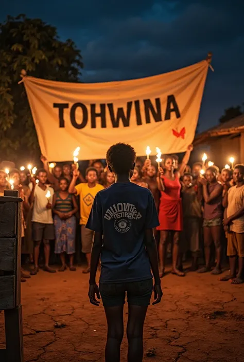 A group of determined villagers in rural Marondera Beatrice, Zimbabwe, holding a large handmade cloth banner with 'TOHWINA' written boldly. The scene is lit by flickering candles held by the crowd, casting dramatic shadows on mud-brick huts and dry, cracke...