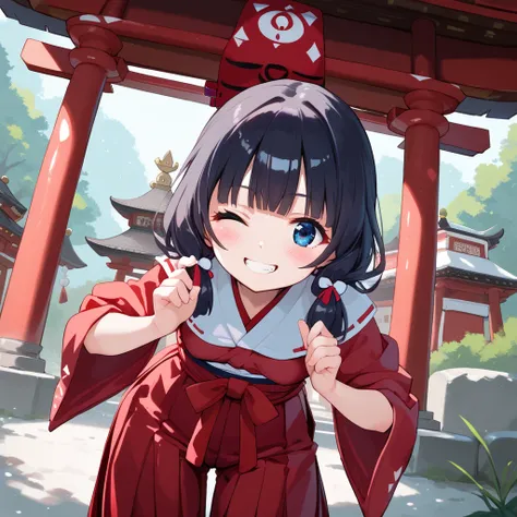 masterpiece, best quality,,Alone,cute one girl,, blue eyes,blush,wink,smile,closed eyes, clenches teeth,black hair,hime cut,small breasts,, (shiny skin:1.3), (standing:1.5),bent over,(big eyes:1.1),,(cleft of venus),,(Shrine maiden:1.4),,,white highleg pan...