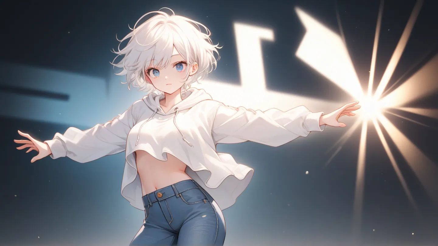 lo-fi girl,anime girl ,normal breasts ,blue eyes,broadly grinning, short white hair, wearing a white hoodie,denim jeans,anime girl ,normal breasts ,blue eyes, short white hair, wearing a white hoodie