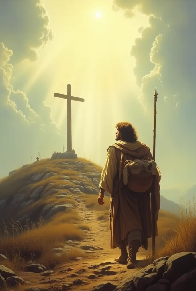 Christian, an ordinary man from the 17th century, without heroic features or imposing appearance, simbolizando a jornada espiritual de uma pessoa simple. reaching the top of a small hill, where the cross stands alone, simple, but imposing. The sky in the b...