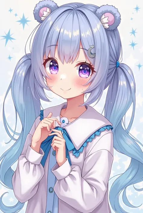 It's a life-size illustration of a sparkling way to paint drawn with a delicate touch、girl with light blue and purple hair and full bangs、Wear a crescent moon hairpin、twin tails、Clothes are landmine mass-produced fashion、Bear's ears、The cuteness of an ange...