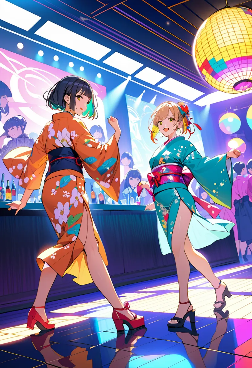 (Masterpiece, BestQuality:1.2),vibrant colors, post-grunge, intricate details, detailed depiction, (two girls,cute face), (wearing traditional Japanese kimono) are dancing joyfully in a vibrant nightclub. Each girl has short hair with distinct colors: dark...