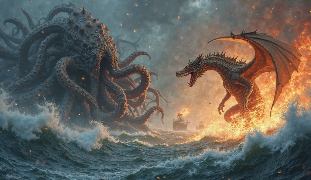 In the 1300s, a giant monster, the octopus monster Kraken, and a giant dragon duel in the sea. A giant dragon is breathing fire.