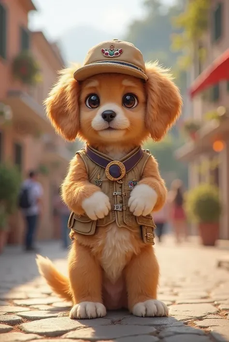 Golden retriever puppy with white legs working as a tourist guide on two legs