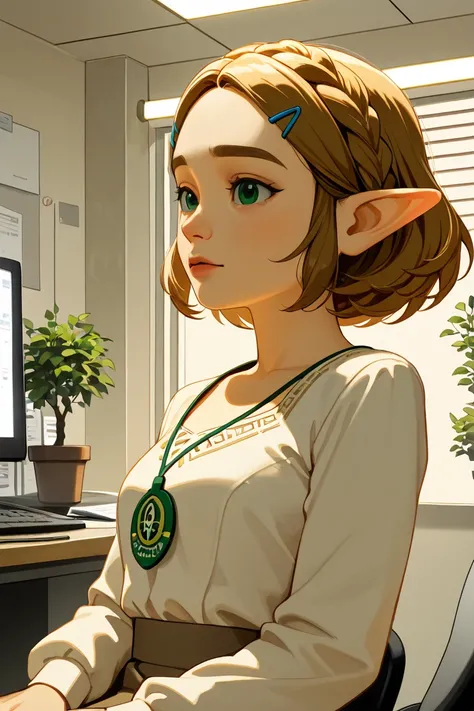 Princess Zelda in the real world working in an office wearing office worker clothes, white long sleeve V-neck blouse, beige skirt, Employee Badge,  short curly hair, Office-shaped posture