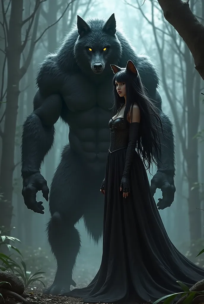 werewolf,  black fur , yellow eyes, Male, Next to him is a Neko woman with long black hair,  cat ears and cat tail 