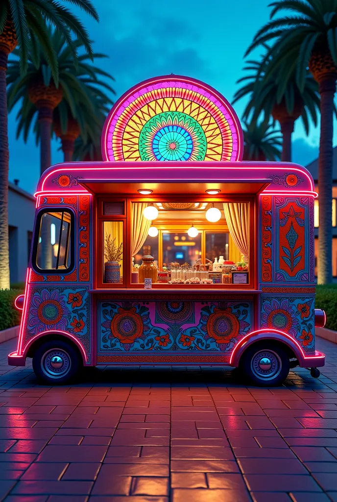 brightly colored food truck with a large window and a colorful design, massive decorated doors, hippie motifs, tiles curtains, detailed photo, stunning design, glowing stained glass backdrop, inspired by Adolf Wölfli, digital artwork, traditional folk art ...