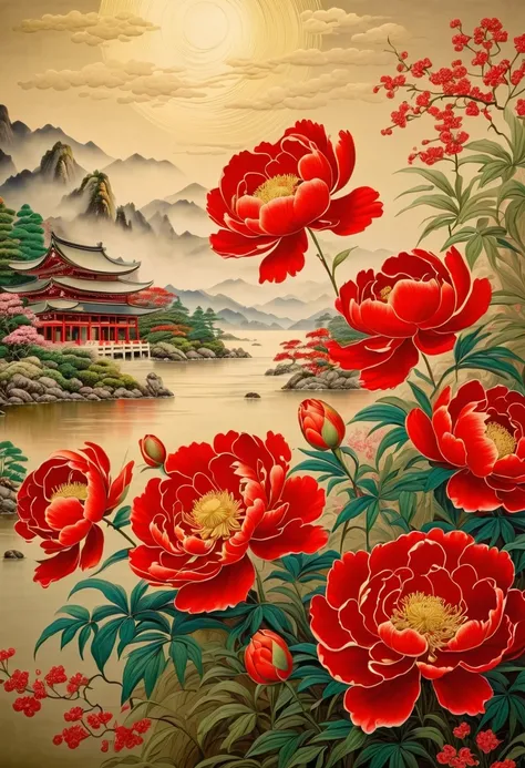 Made with traditional techniques, Japanese painting, silver mud, watercolor, glitter powder, shellfish, painted red peonies, flower painting on silver mud, lacquer style, The folding screen installed in a temple in Kyoto is very beautiful., A painting styl...