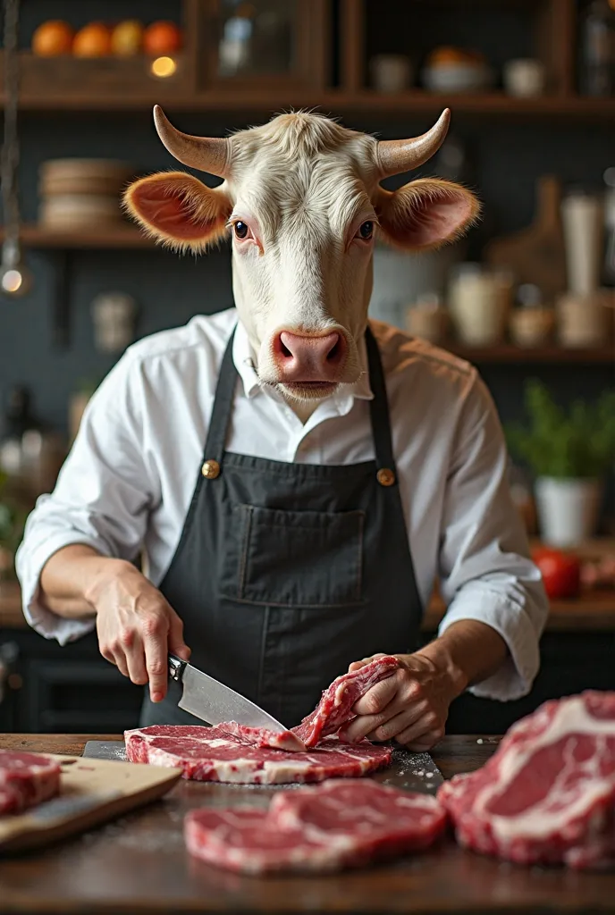 "Create a formal video that depicts a butcher diligently working in his shop. The unique twist is that the butcher's head is a realistic cow's head, adding an intriguing element to the scene. Focus on the meticulous process of cutting meat, showcasing the ...