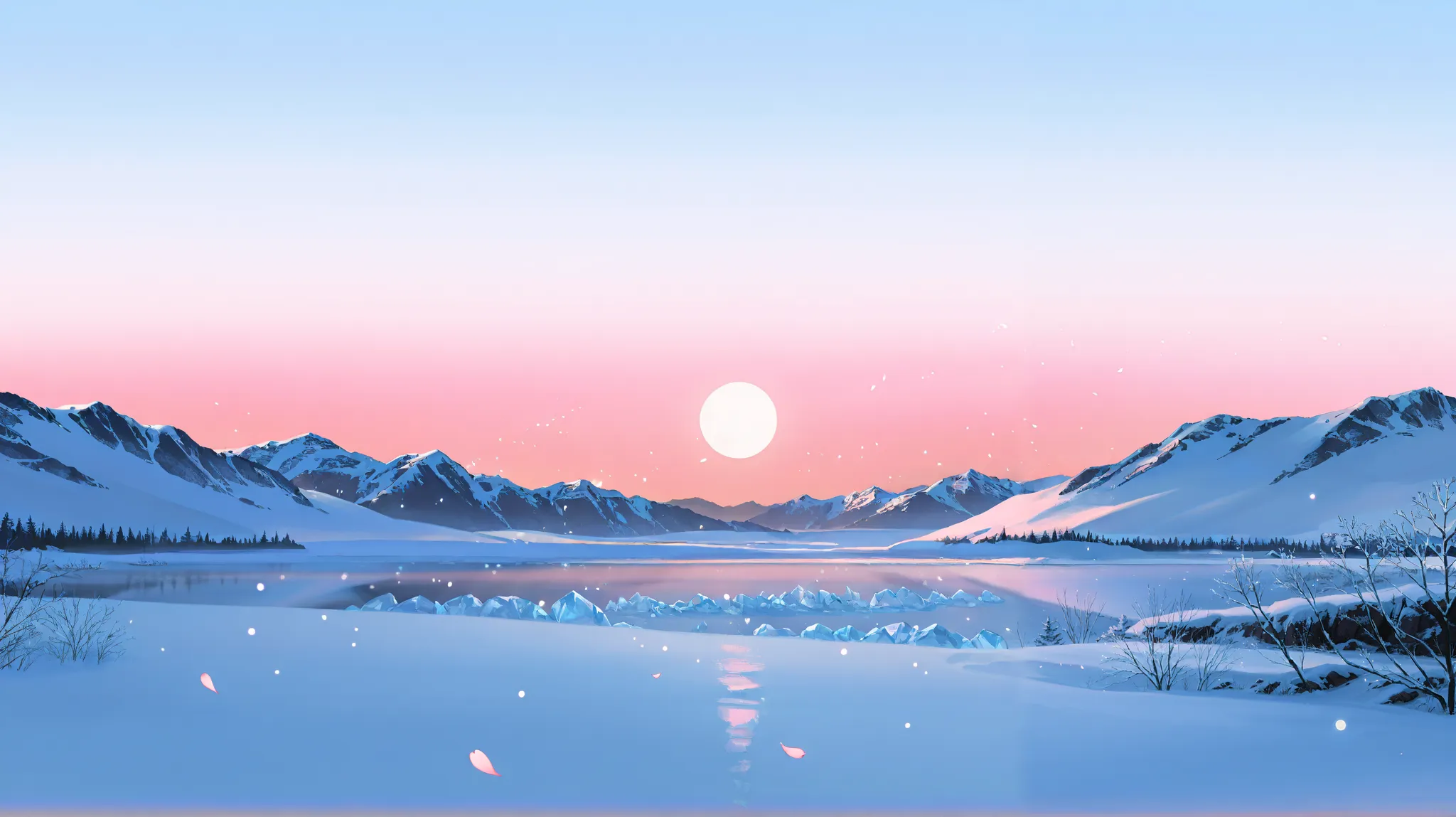 landscape: deep background  с небом пронзительного цвета, pink sakura ,  Sakura petals , snow and ice, spring, everything melts, evening, pale moon,  Zarya , fireflies and sparks, deep background , background depth, 2D image volume
