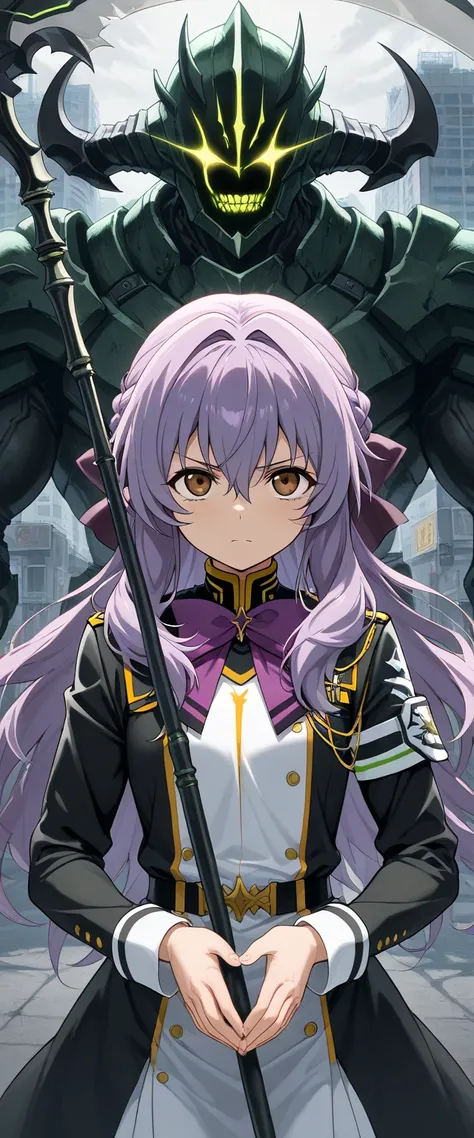 ( Masterpiece ), best quality, expressive eyes, purple hair, braid,  bun hair , shinoa hiragi the last seraph,  brown eyes , alert face, blushes, perfect face focused,1girl, , middle chest,Glare in the eyes,  mouth open ,  looks at the viewer with a seriou...