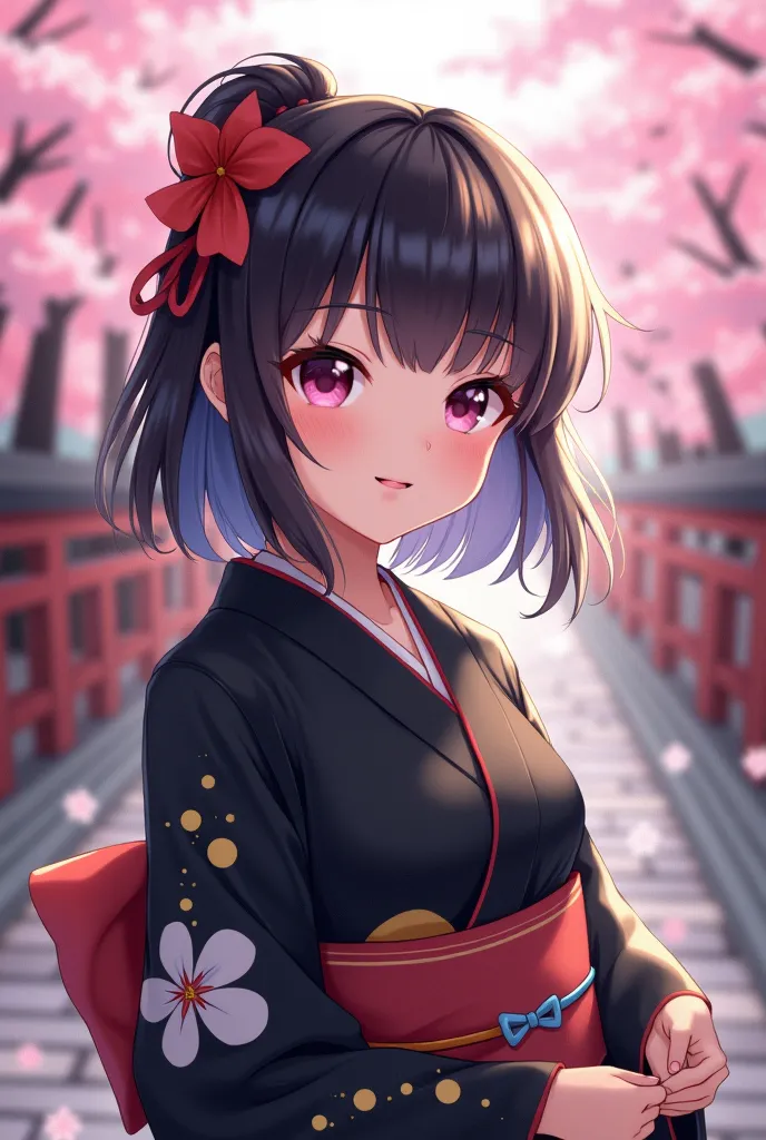   wear a black kimono with details of white flowers and yellow dots, and some sky blue details      ,    Red ribbon on the head  ,   clean skin ,   Without hat , with a cheerful and lively face      ,  Eye with a light pink pupil   ,      in a Japanese tem...