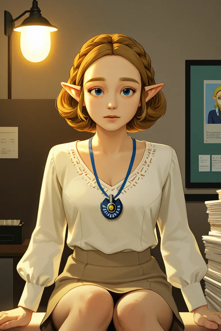 Princess Zelda in the real world working in an office wearing the clothes of a real-world office worker, white long sleeve V-neck blouse, beige skirt, Employee Badge,  short curly hair