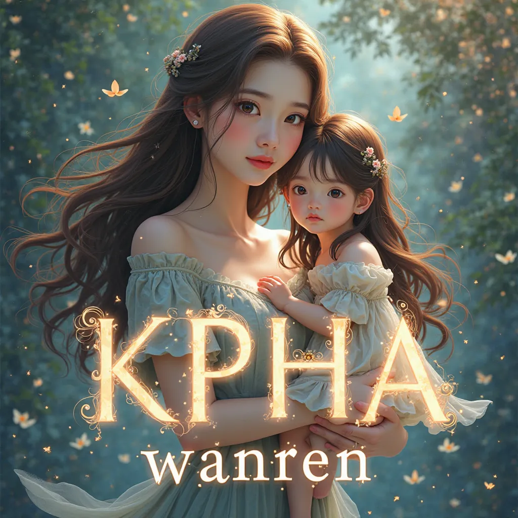 I want to put the letters KPHA in big、Wanren, mother with long brown hair、I'm holding a girl with long hair、cute