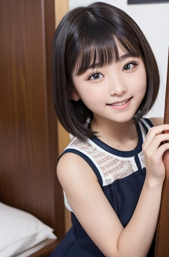 female middle school students　short bob　Align the bangs to the position of the eyebrows　smile　 sleeveless dress