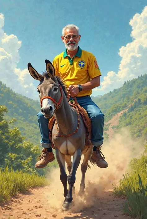  Create an image,Of President Lula riding a donkey wearing a PT jersey