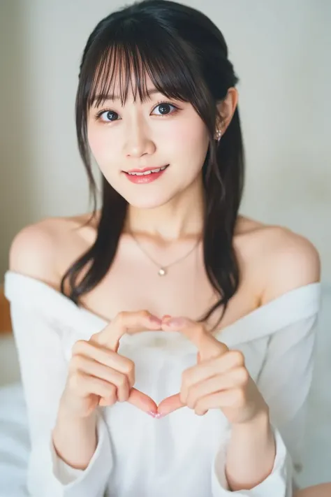 A cute Japanese woman sitting on a bed with her knees bent. She is wearing an off-shoulder top, revealing her delicate shoulders. She smiles gently while forming a heart shape with both hands in front of her chest. The room is softly lit, creating a warm a...