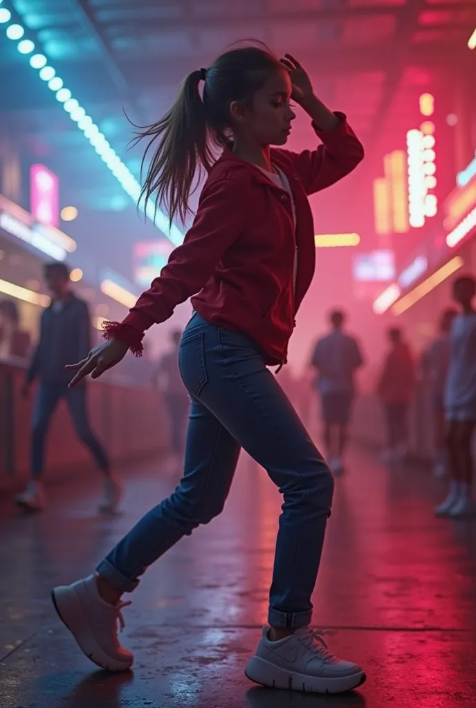 "A dynamic scene of a young person mid-dance move, participating in a viral TikTok dance challenge. The image includes a TikTok-style interface overlay, with a username, caption, heart, comment, and share buttons on the right side. The background is filled...