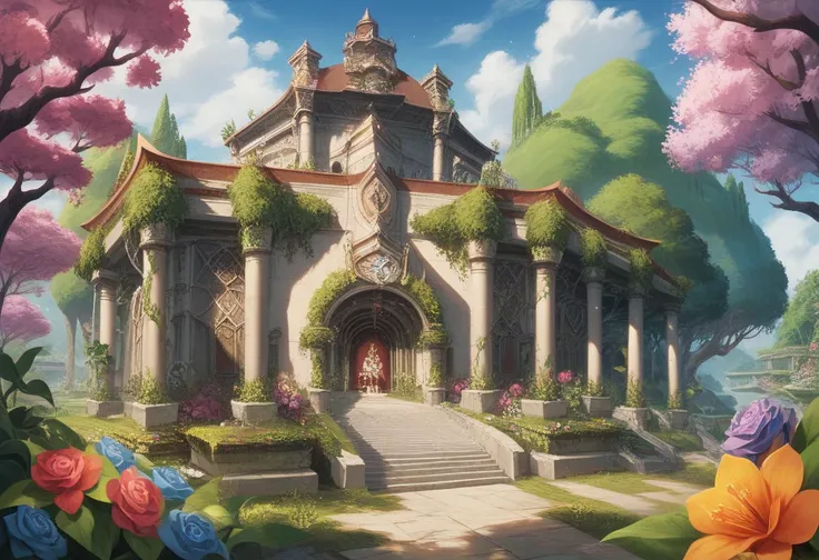 Here is a picture of a beautiful garden with flowers and benches,  concept art inspired by Johfra Bosschart, Tumbler,  romanticism ,  fantasy overgrown ruins ,   Himeji Rivendell Garden Garden of Eden  ,  Magical Vegetation in Fantasy , Grand Temple of Flo...