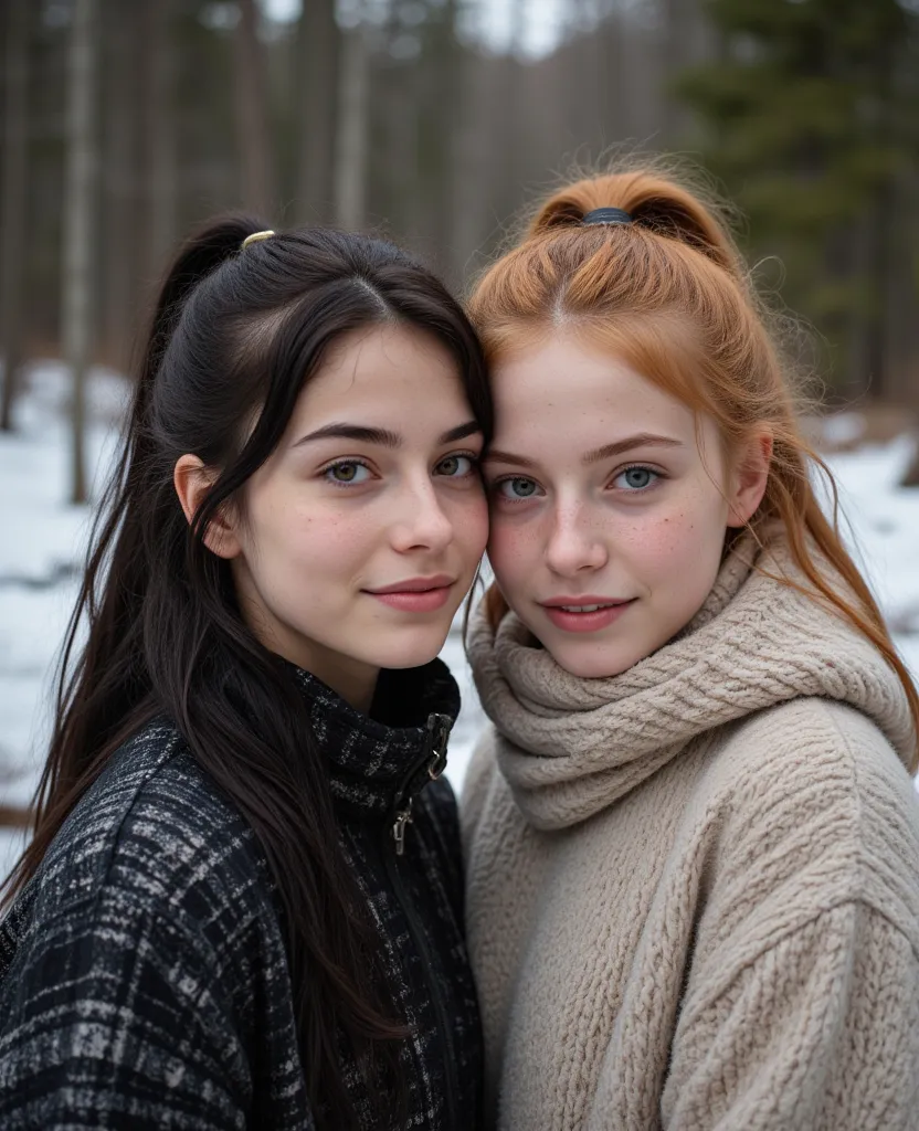 full body shot masterpiece,  two girls, One, 162cm tall, with black ponytail hair, (((dark brown eyes ))) from Iran with Persian appearance, eyeliner, some piercings, and a fifteen-year-old girl from Russia,   157 cm tall  , moderately chubby figure  (0.3)...