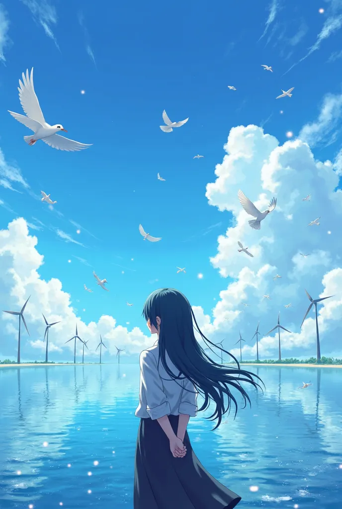 ,((4k,8k,Ultra HD)), cinematic vividness, ((masterpiece, ))((high quality, )), HDR effect, game design, anime blue sky and clouds, (ocean and sky), scattered detailled wind turbine, scenery, day, blue sky, blue theme, the ground covered with water, many wh...