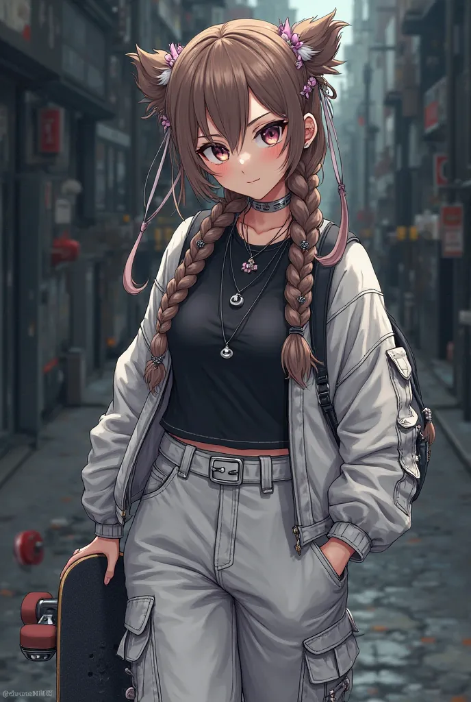 Create a character In anime style, Hair in the style of Jellyfish Haircuth with long braids, brown hair and the braids are white, use piercings in the eyebrow, mouth, and ear, Clear skin, wear a black top with a white jacket on top, wear ties on your hands...