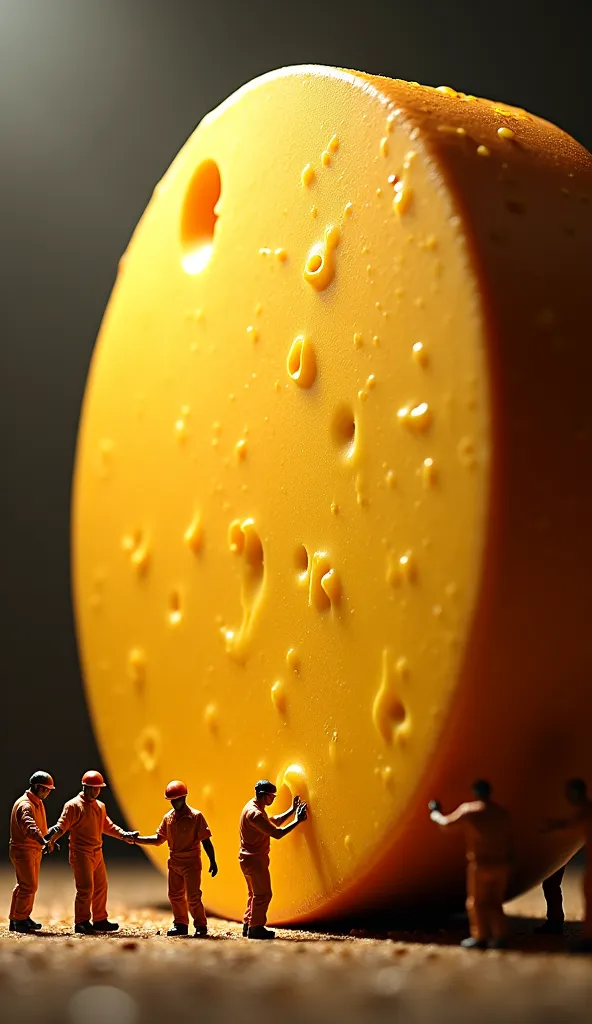 Now miniature workers are processing a giant cheese with a cinematic and epic atmosphere! Its dark texture is rich with a golden yellow color, creates a very attractive look.