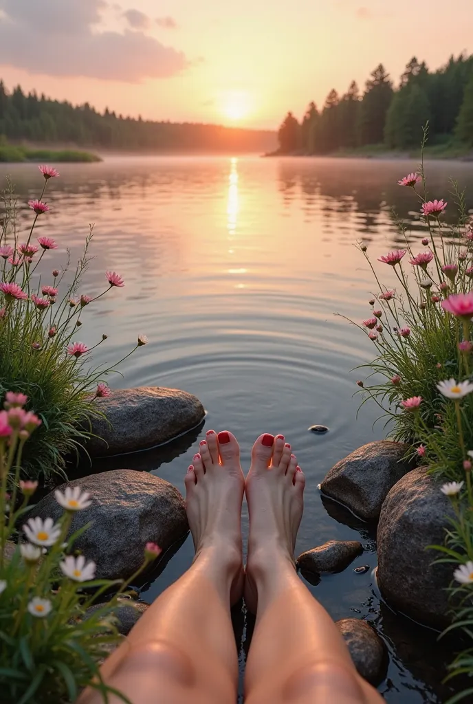 The image depicts a person's feet resting at the edge of a tranquil lake, with the water reflecting the soft light of the sunset. The scene is enveloped in a magical atmosphere, with warm shades of orange and pink in the sky. Surrounding the area are wildf...