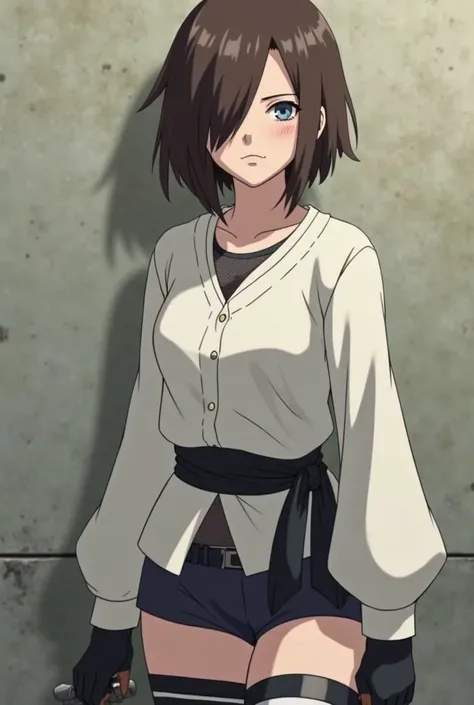 Naruto Shipuden screenshot, A woman from the sarutobi coan, eyes identical to those of Asuma Sarutobi, pale skin and dark circles that make her look half sick but still pretty, short, brown hair and a layered cut up to above her shoulders, with a lock cove...