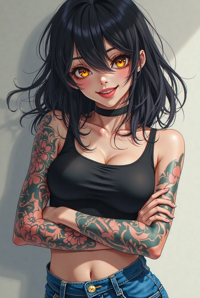 (work of art, maximum quality, best quality,  official art ,  beautiful and aesthetic:1.2)  Anime Woman, Bullying student , evil and evil personality,  arm tattoos, fair skin, black hair,  golden eyes,  black tank top, Jeans azul, perverse smile tattoos.
