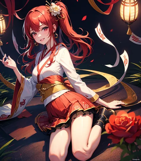 　 red hair 　red eyes　solo　smile　 laughing　smile　cute　Mysterious　 kimono　and　 kimonoアイドル　Oiran　Japan　Japan 　Idol　skirt　 clear　background　Rose Garden　morning　good morning