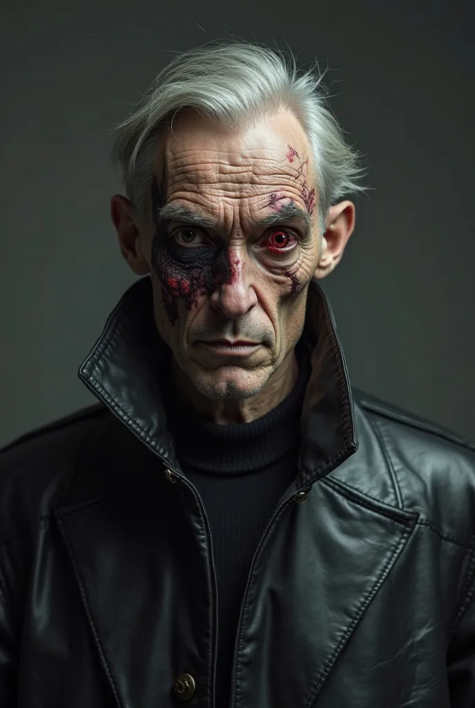 It was a tall, skinny older man wearing a black leather coat, with a collar covering his face up to his nose, on the right side of his face there was a terrible scar with a red eye with a snake's pupil, and the left eye seemed empty and without vitality, s...