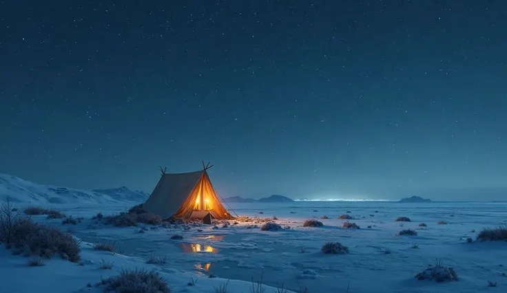 A camping on ice is surrounded by open fields and ice  Camping will definitely show up close night time with star in the sky 