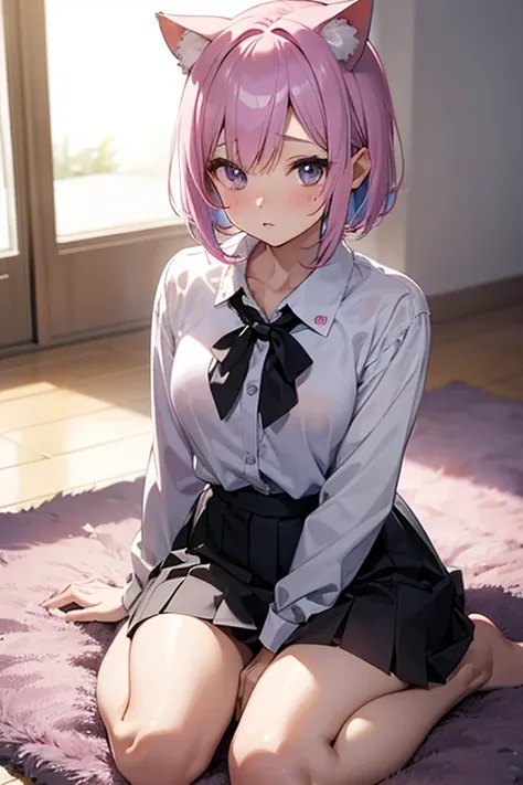  pink and light blue ((striped hair)), highlight hair　nsfw, masturbates,  nudes,  short hair, masterpiece,  intermediate shot, purple eyes,  small, Dynamic Angle,  front view,  full body shot , Full HD, girls, anime,  sit on the floor, shy, watching viewer...