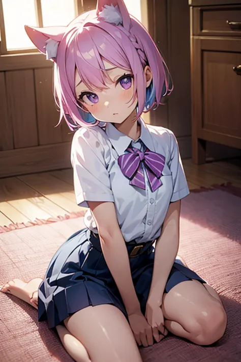  pink and light blue ((striped hair)), highlight hair　nsfw, masturbates,  nudes,  short hair, masterpiece,  intermediate shot, purple eyes,  small, Dynamic Angle,  front view,  full body shot , Full HD, girls, anime,  sit on the floor, shy, watching viewer...