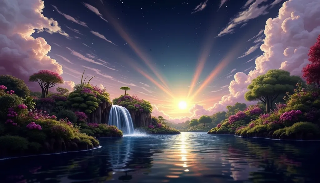 baptism,Baptism,Garden of Eden,Colorful,Dreamy landscape, cloud, light piercing through the cloud, Reflection on the surface of the water, Gentle waterfall,flower々, flower ,Quiet atmosphere, Richness in details, Surreal beauty, Magical Aura, Fantasy Landsc...