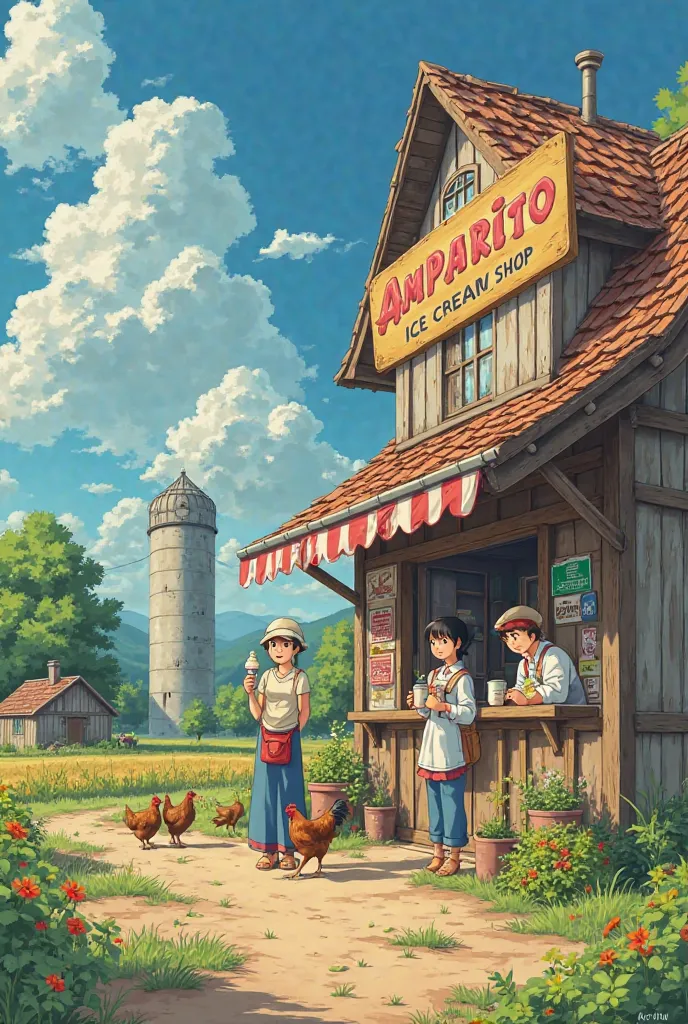 Peasant family in an ice cream shop with a sign that says  "Amparito Ice Cream Shop "  with a soft ice cream in your hand, The landscape is rural countryside, hens, sowing, an old concrete silo .  studio ghibli anime style 