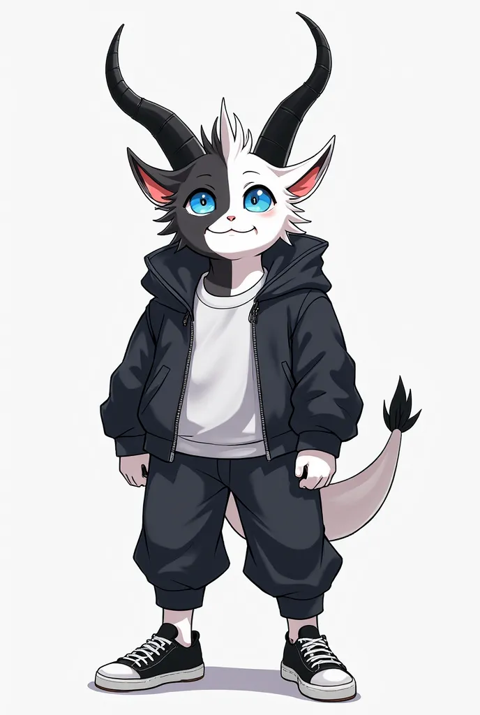  The pure representation of euphoria, being shown as a white oni, long black horns, right half of the face also being black, blue eyes. Wearing a black jacket and pants, white shirt and black and white sneakers. Your expression would always be that of some...