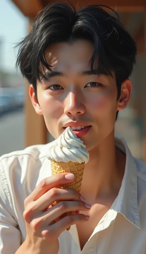 (photorealism:1.2),  very Handsome japanese man, 22-27 year-old, eating ice cream,