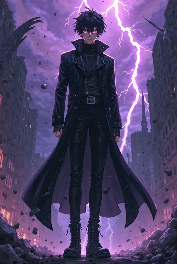 Sun jinwoo,Anime-style illustration of a tall, lean young man with black tousled hair and sharp, glowing purple eyes. He wears a sleek black trench coat with silver accents, a high collar, and dark combat boots. Shadows swirl around him like dark energy, f...