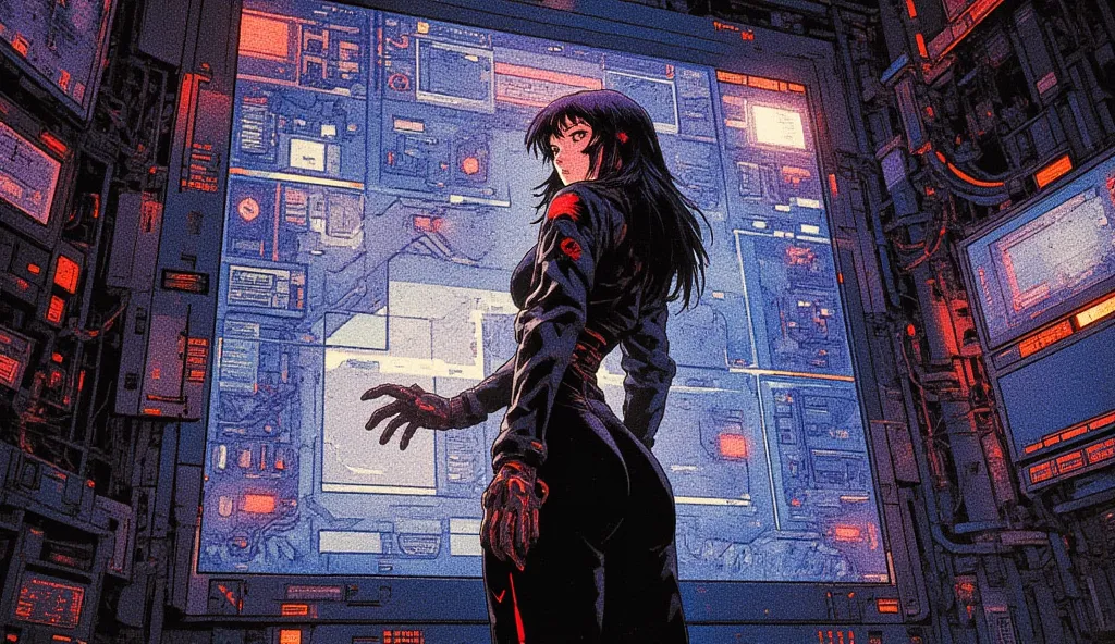 Masamune Shirow's Ghost in the Shell style blended with 80s/90s anime aesthetics like Akira, a full-body anime character from the top of her head to the tips of her feet with a sporty, athletic physique and toned curves, positioned centrally in a wide comp...