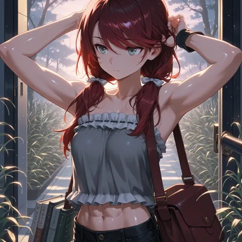 masterpiece, best quality, amazing quality, expressionless, :|, girl, satchel, toned stomach, adjusting hair,light particles, thin, books, dark red hair, swept bangs, low twin tails, hair ribbons, abs, stoic, gray eyes, strapless gray top with white frill ...