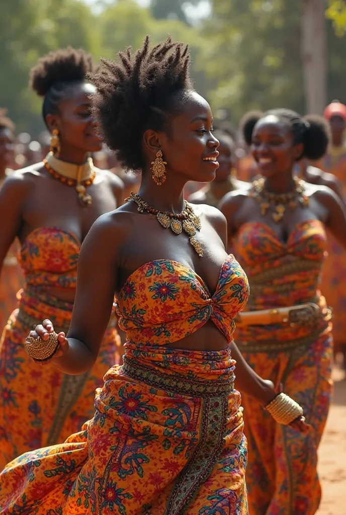 African women with big breasts participating in traditional dances and wearing traditional African clothing 