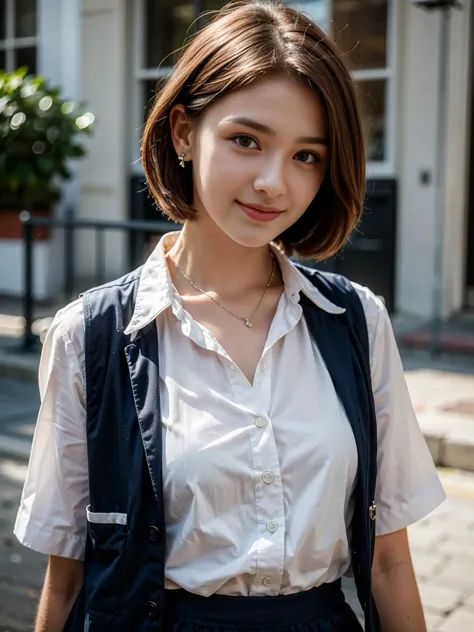 Top quality, ultra high resolution, realistic, Beautiful Woman, Beautiful detail eyes and skin, smile, Light brown short-cut hair. She is wearing (small earring, tiny necklace, school uniform:1.3, collared white shirt, royal blue vest, royal blue frilled s...