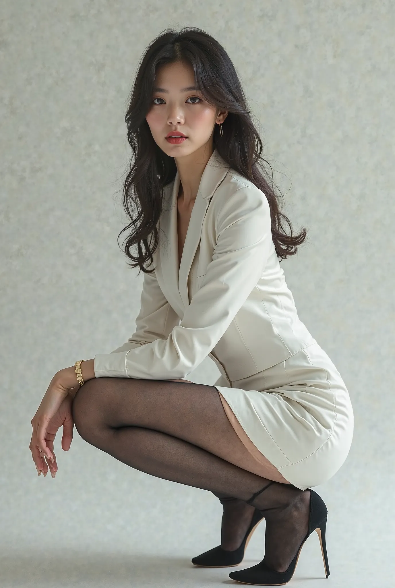 Korean businesswoman wearing a white miniskirt and black stockings, looking straight ahead and squatting