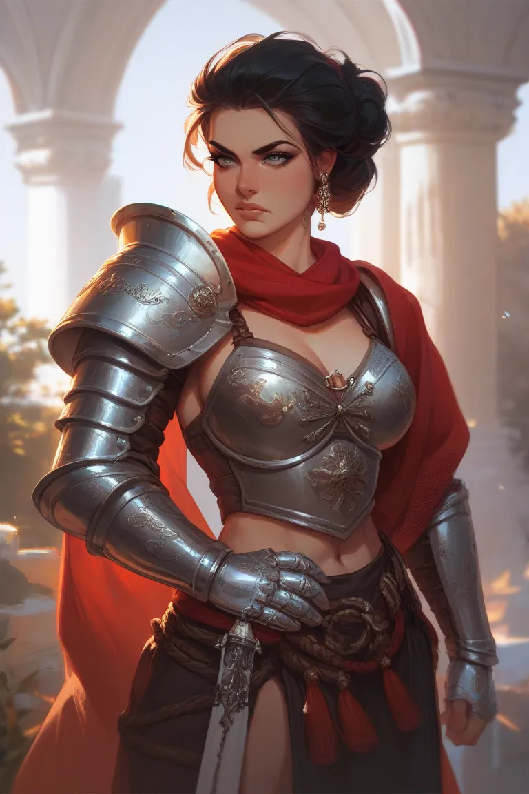 A woman with short black hair and grey eyes,She has a strong muscular body, is cool and fierce.She has a beautiful face that looks cold and fierce.She's wearing cool ancient armor, looking intimidating.On her arm is a tattoo of dark red letters that look m...