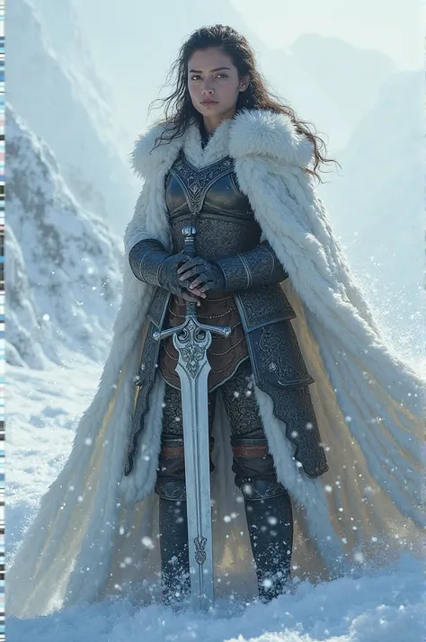 A woman with a sword in a snow