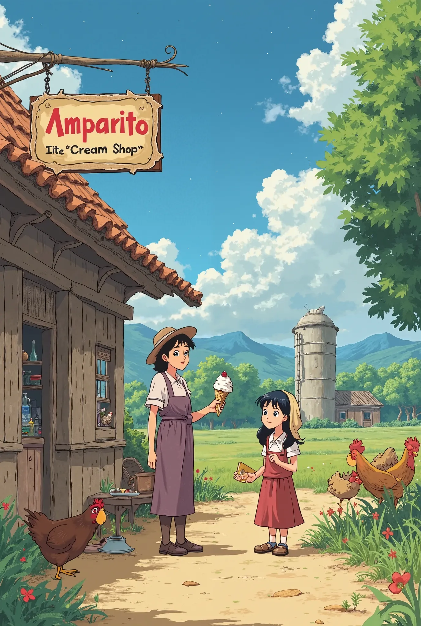 Peasant family in an ice cream shop with a sign that says  "Amparito Ice Cream Shop "  with a soft ice cream in your hand, The landscape is rural countryside, hens, sowing, an old concrete silo .  studio ghibli anime style 